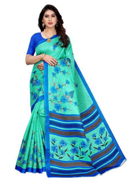 

KALINI Green & Blue Floral Printed Art Silk Saree
