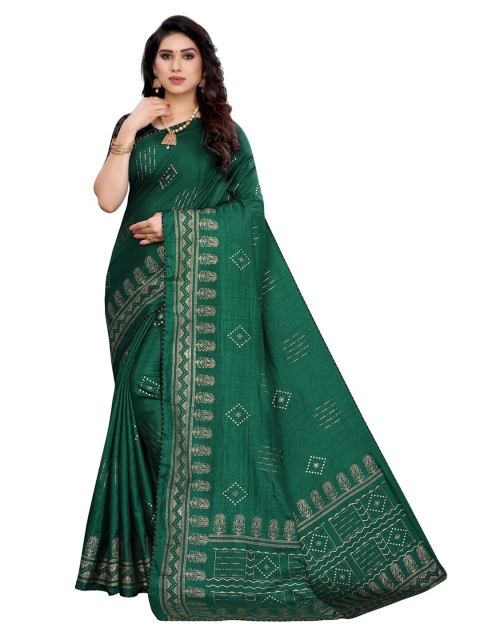 

KALINI Women Green & Gold-Toned Printed Poly Silk Saree