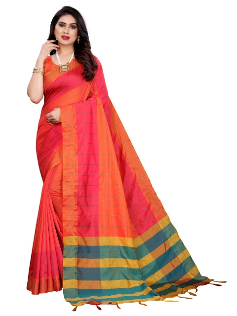 

KALINI Pink & Orange Checked Poly Silk Saree
