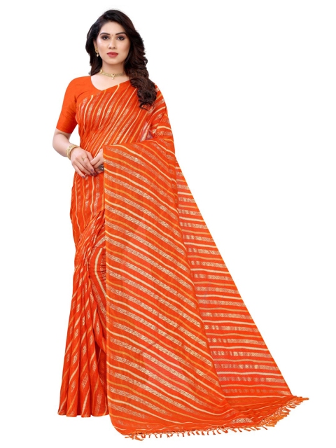 

KALINI Orange & Silver Striped Tassel Pallu Silk Blend Kota Saree
