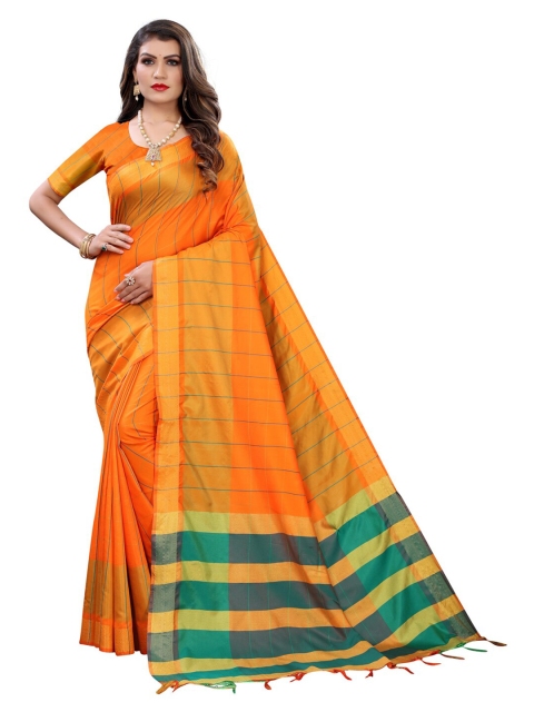 

KALINI Women Orange & Green Striped Poly Silk Saree