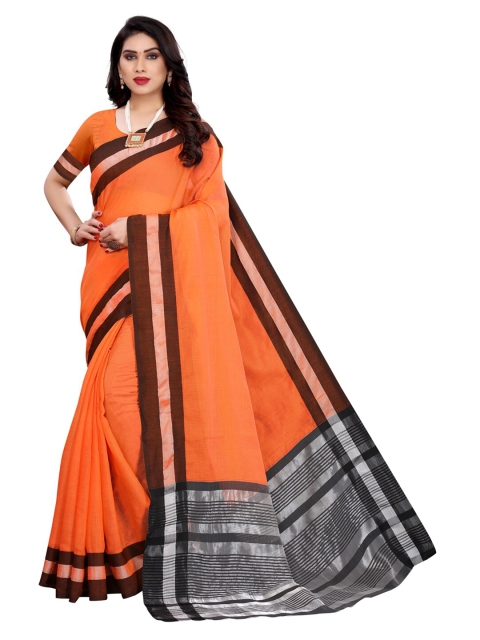 

KALINI Orange & Brown Poly Cotton Striped Saree