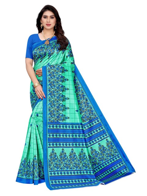 

KALINI Green & Blue Floral Printed Poly Silk Saree