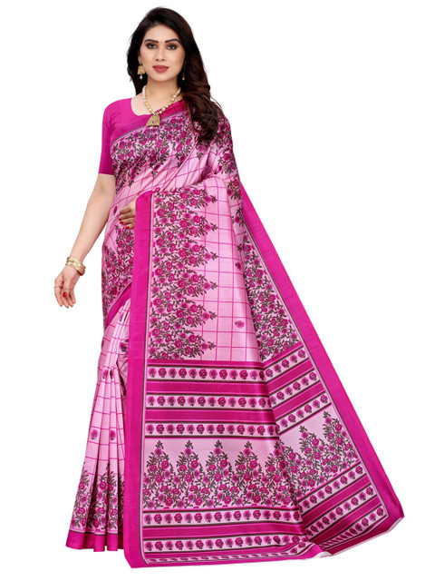 

KALINI Pink & Grey Floral Printed Poly Silk Saree