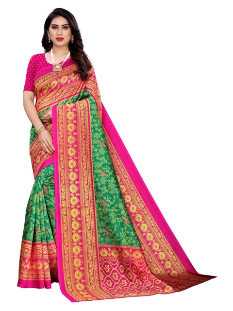 

KALINI Green & Pink Floral Print Poly Cotton Saree