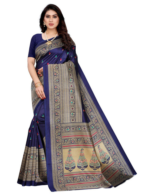 

KALINI Navy Blue & Beige Printed Poly Silk Saree