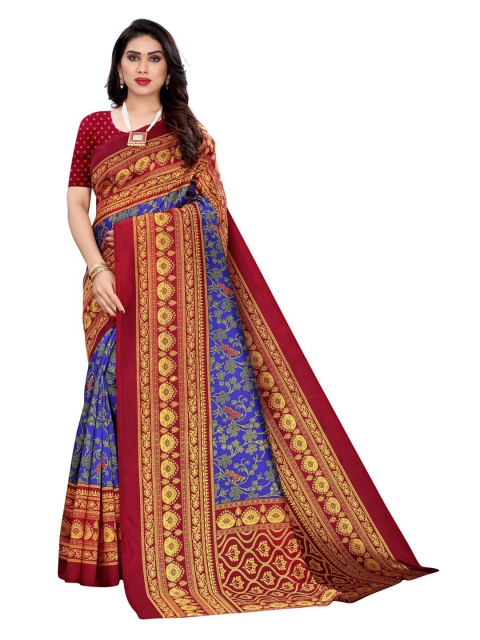 

KALINI Navy Blue & Red Ethnic Motifs Printed Poly Silk Saree