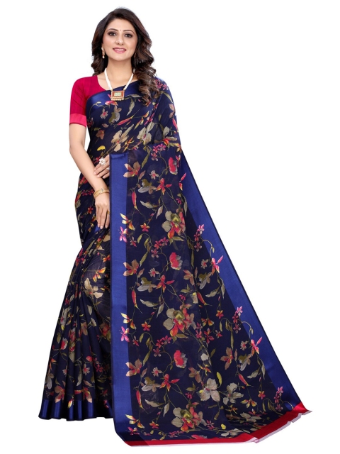 

KALINI Women Navy Blue & Multicoloured Floral Print Polycotton Saree