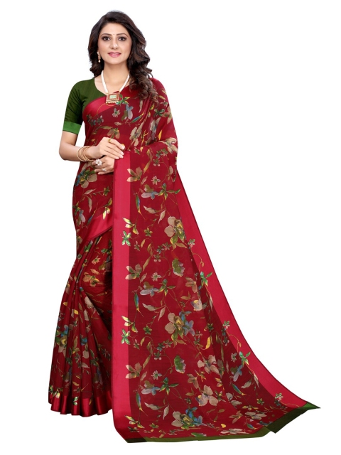 

KALINI Maroon & Green Floral Printed Poly Cotton Saree