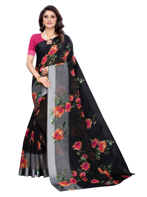 

KALINI Black & Red Floral Poly Cotton Saree