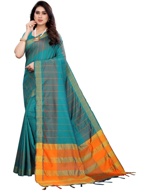 

KALINI Women Green & Orange Striped Jari Patta Poly Silk Saree