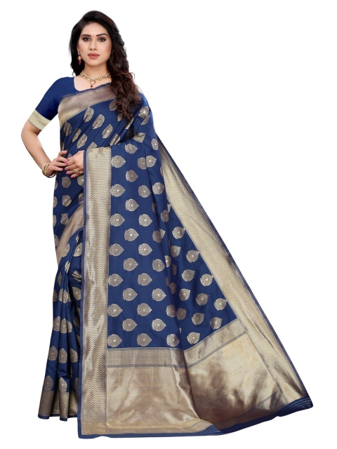 

KALINI Women Navy Blue & Silver-Toned Ethnic Motifs Poly Silk Saree