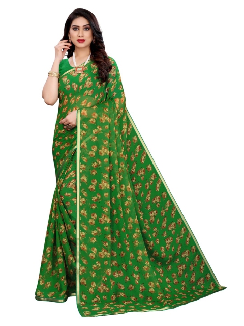 

KALINI Green & Brown Floral Print Pure Chiffon Saree