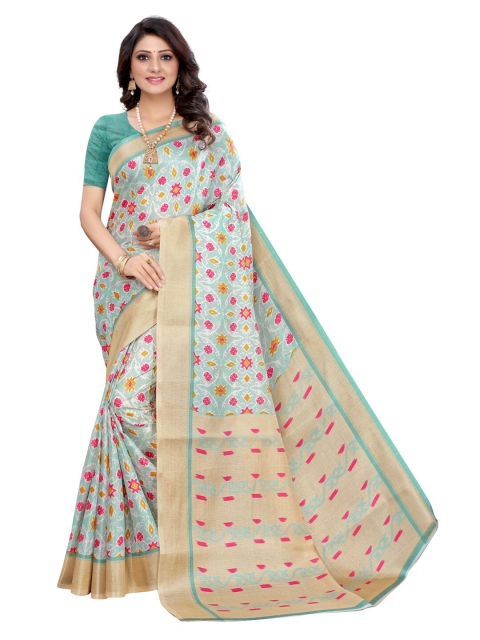 

KALINI Beige & Green Ethnic Motifs Printed Art Silk Saree
