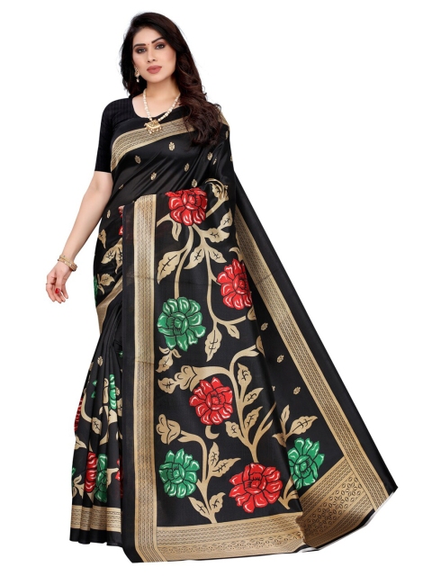 

KALINI Women Black & Multicoloured Floral Print Poly Silk Saree