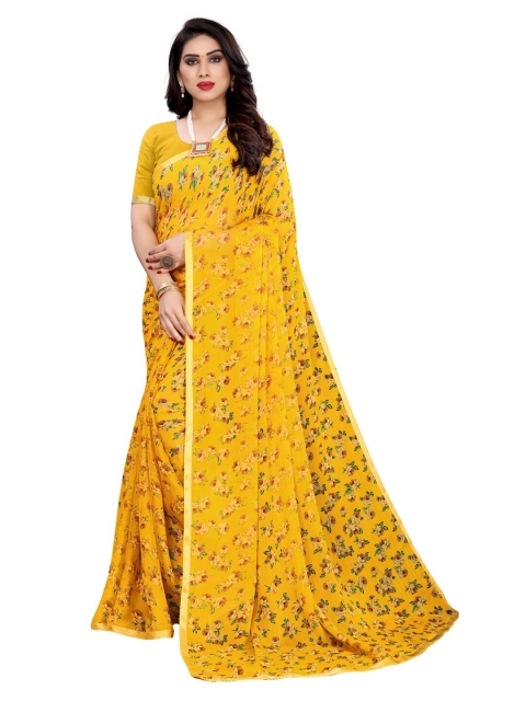 

KALINI Women Yellow & Green Floral Pure Chiffon Saree