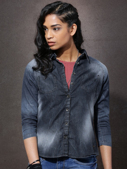 

Roadster Women Blue Regular Fit Faded Denim Shirt