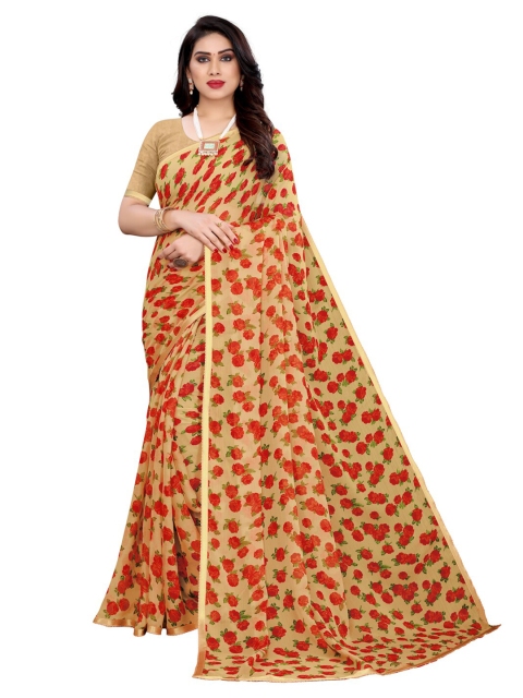 

KALINI Cream & Red Floral Printed Poly Chiffon Saree