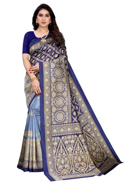 

KALINI Women Navy Blue & Light Blue Printed Half and Half PolySilk Saree