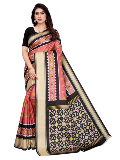 

KALINI Pink & Black Patola Printed Ethnic Motifs Art Silk Saree