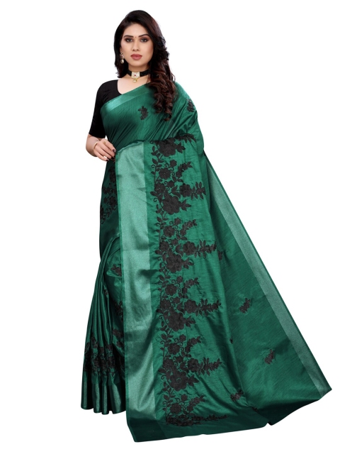 

KALINI Green & Black Embroidered Floral Printed Poly Silk Saree