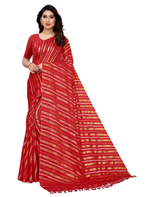 

KALINI Red & Gold Foil Printed Striped Silk Blend Kota Saree