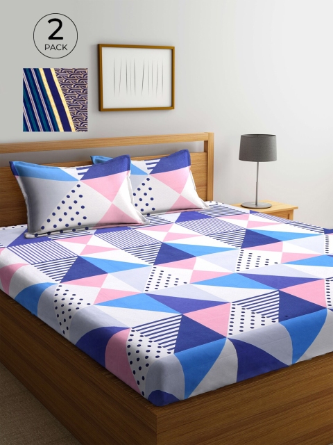 

KLOTTHE Blue & Pink Geometric 210 TC 2 King Bedsheet with 4 Pillow Covers