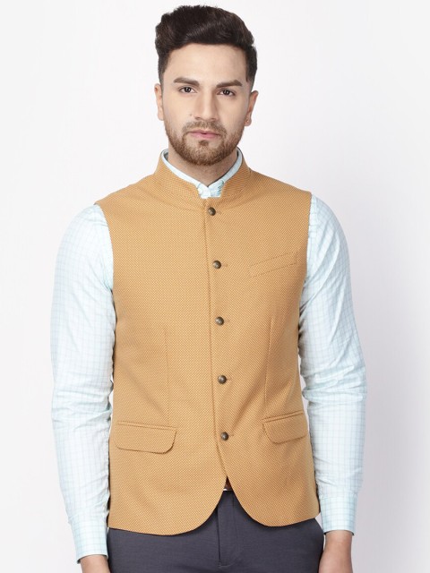 

Blackberrys Men Mustard-Yellow Printed Slim-Fit Woven Nehru Jacket
