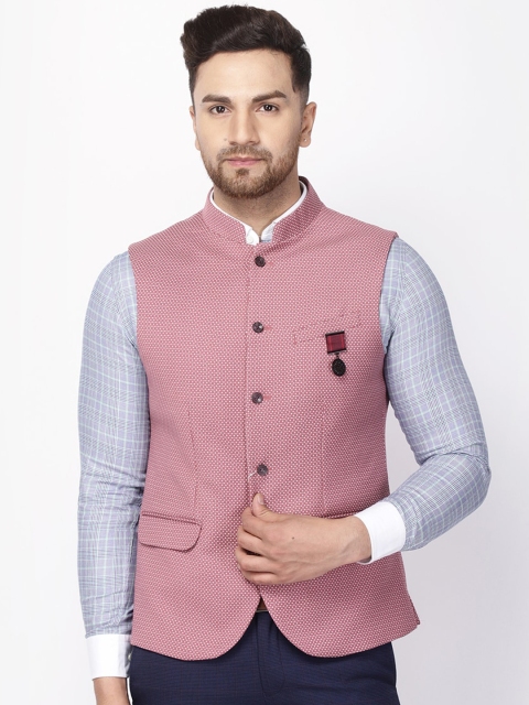 

Blackberrys Men Pink & White Polka Dot Printed Slim-Fit Woven Nehru Jacket
