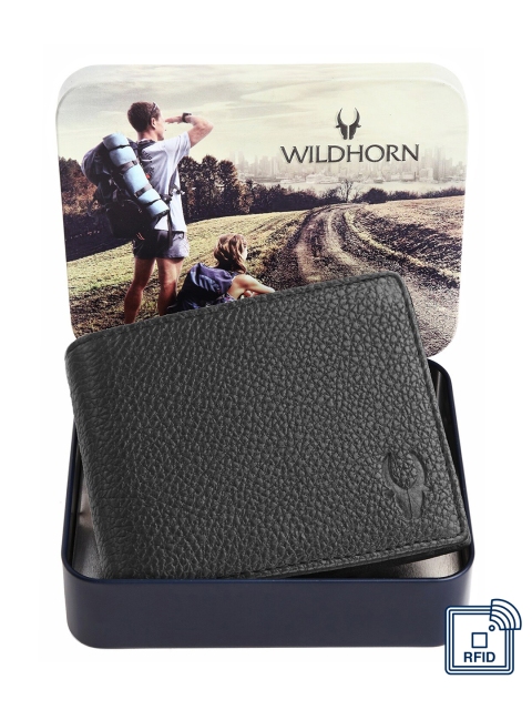 

WildHorn Men Black Textured Leather Two Fold Wallet with RFID