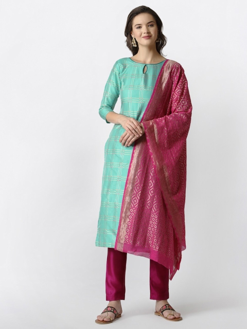 

Satrani Turquoise Blue & Pink Unstitched Dress Material