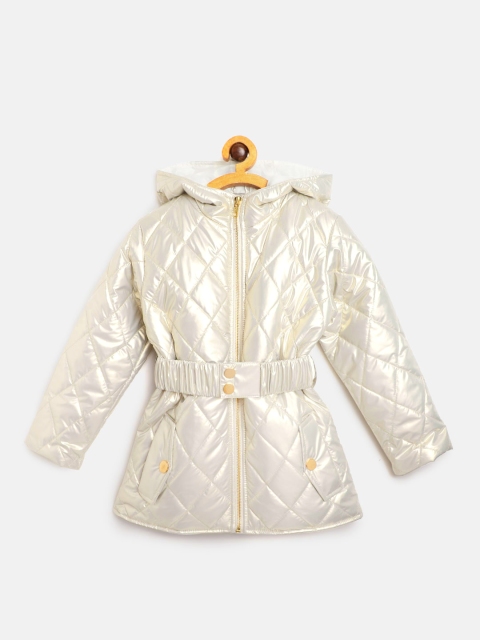 

White Snow Girls Golden Solid Hooded Quilted Jacket with Belt, Gold