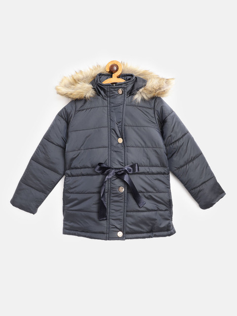 

White Snow Girls Navy Blue Solid Hooded Parka Jacket