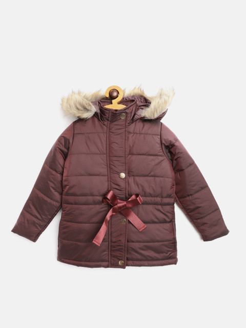 

White Snow Girls Burgundy Solid Hooded Parka Jacket