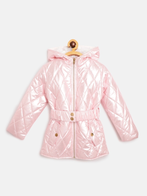 

White Snow Girls Pink Solid Sheen Effect Hooded Quilted Jacket with Belt