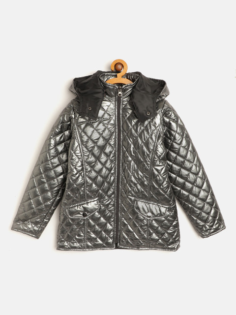 

White Snow Girls Gunmetal-Toned Detachable Hooded Quilted Jacket, Metallic