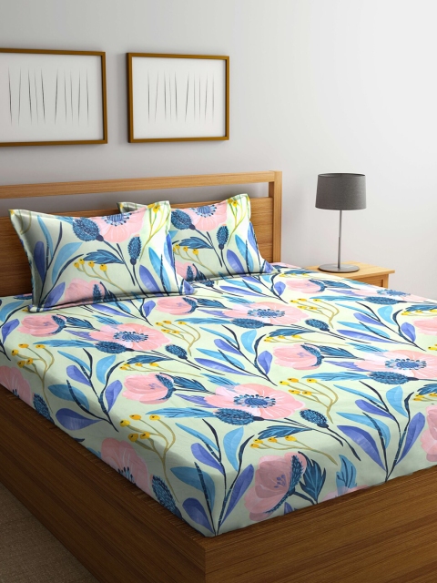 

KLOTTHE Blue & Pink Floral 210 TC King Bedsheet with 2 Pillow Covers