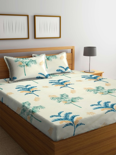 

KLOTTHE Cream-Coloured & Blue Floral 210 TC King Bedsheet with 2 Pillow Covers