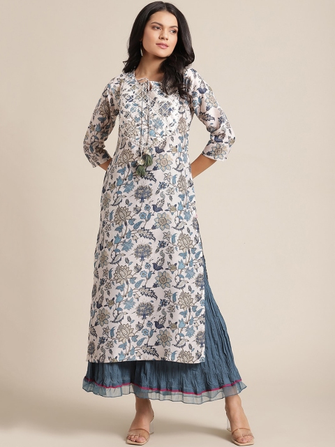 

Varanga Women Cream-Coloured Floral Printed Keyhole Neck Anarkali Kurta