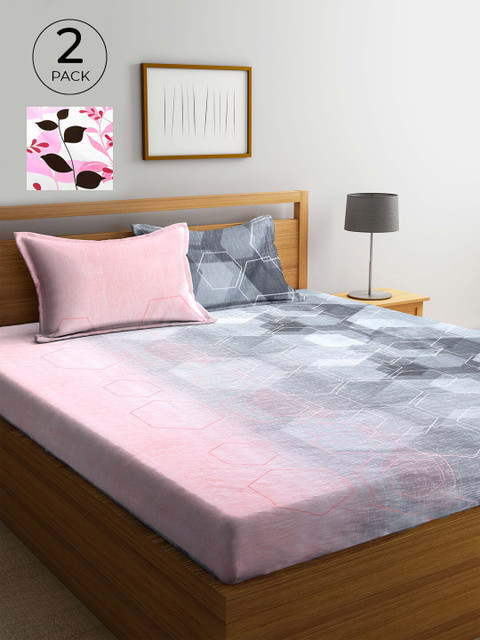 

KLOTTHE Pink & Grey Floral 210 TC 2 Pure Cotton King Bedsheet with 4 Pillow Covers