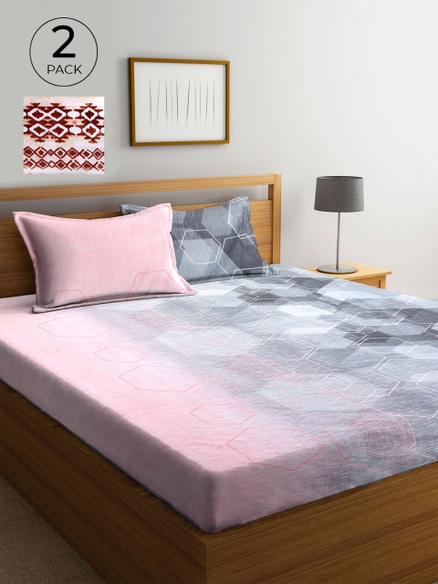 

KLOTTHE Pink & Grey Geometric 210 TC 2 Pure Cotton King Bedsheet with 4 Pillow Covers