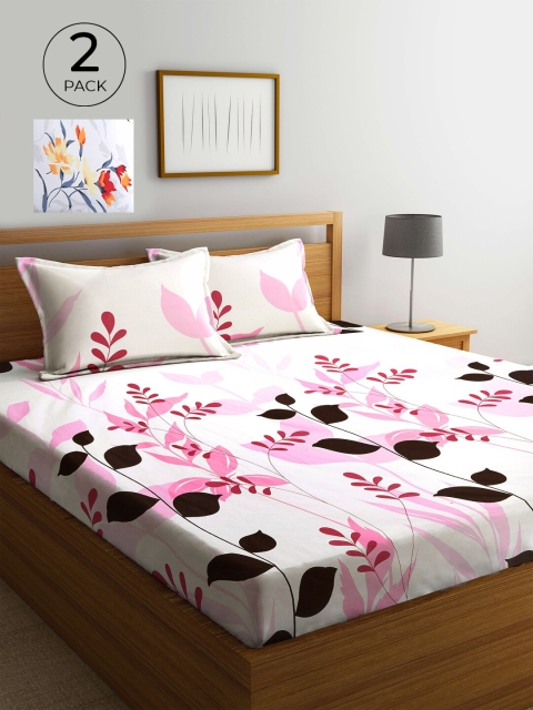 

KLOTTHE White & Pink Floral 210 TC 2 Pure Cotton King Bedsheet with 4 Pillow Covers