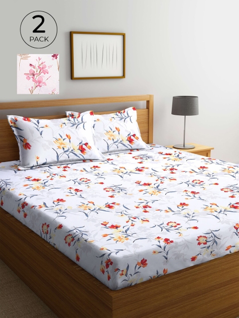 

KLOTTHE White & Red Floral 210 TC 2 King Bedsheet with 4 Pillow Covers
