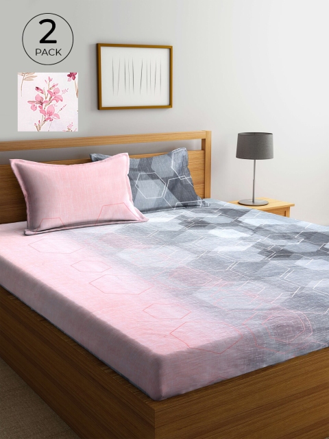 

KLOTTHE Pink & Grey Floral 210 TC 2 Pure Cotton King Bedsheet with 4 Pillow Covers