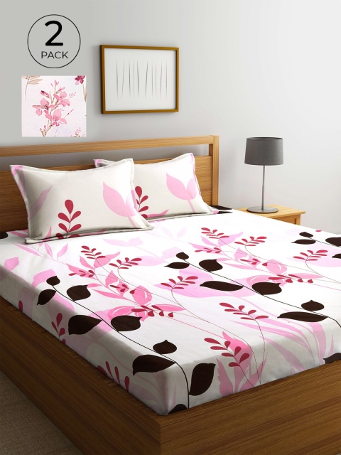 

KLOTTHE White & Pink Floral 210 TC 2 Pure Cotton King Bedsheet with 4 Pillow Covers