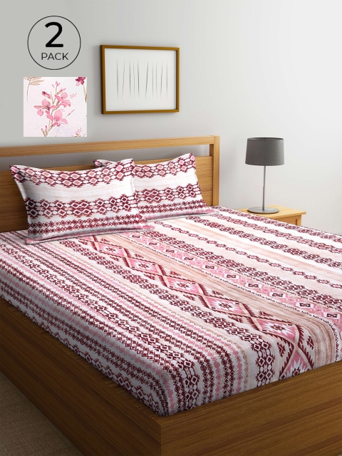 

KLOTTHE White & Pink Floral 210 TC Pure Cotton 2 King Bedsheet with 4 Pillow Covers