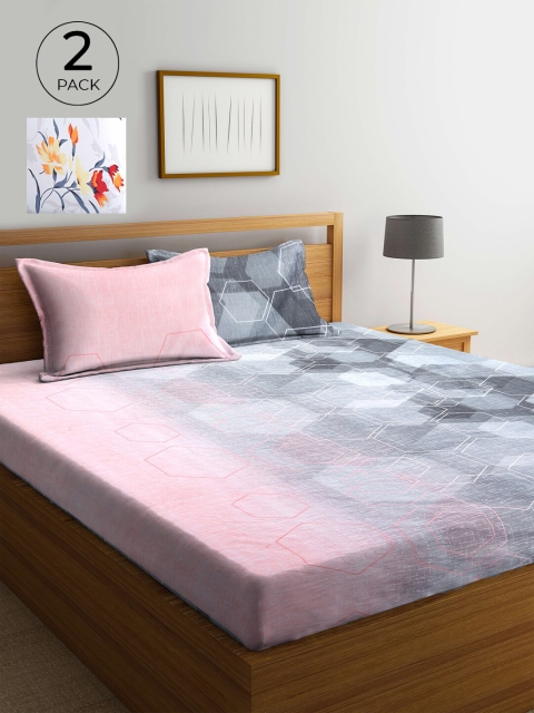 

KLOTTHE White & Grey Floral 210 TC Cotton 2 King Bedsheet with 4 Pillow Covers