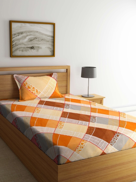 

KLOTTHE Orange & Brown Geometric 210 TC Single Bedsheet with 1 Pillow Covers