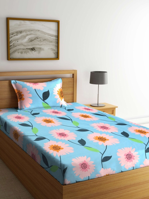 

KLOTTHE Blue & Pink Floral 210 TC Single Bedsheet with 1 Pillow Covers