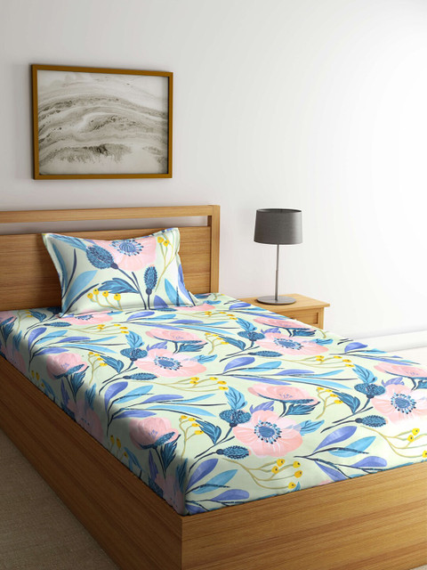 

KLOTTHE Blue & Pink Floral 210 TC Single Bedsheet with 1 Pillow Covers